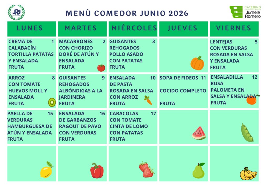 Menú del comedor de Junio 2026